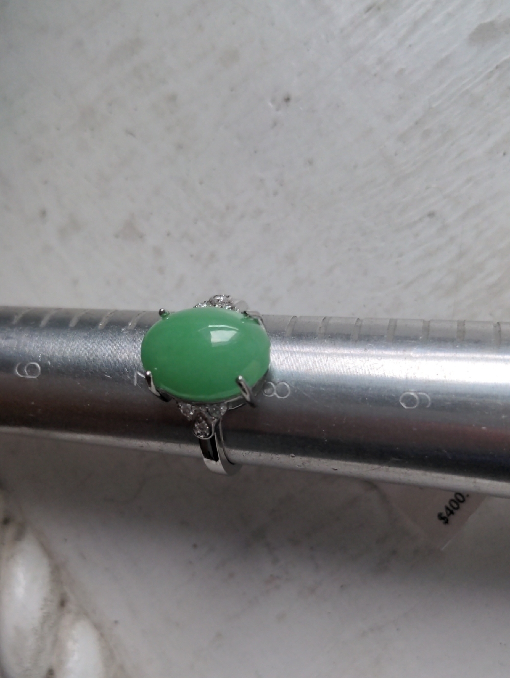 NWT Jade Sterling Silver Ring. Diamond Accents, Macy's, 10 mm Gem. Sz 7 1/2 - Picture 4 of 9